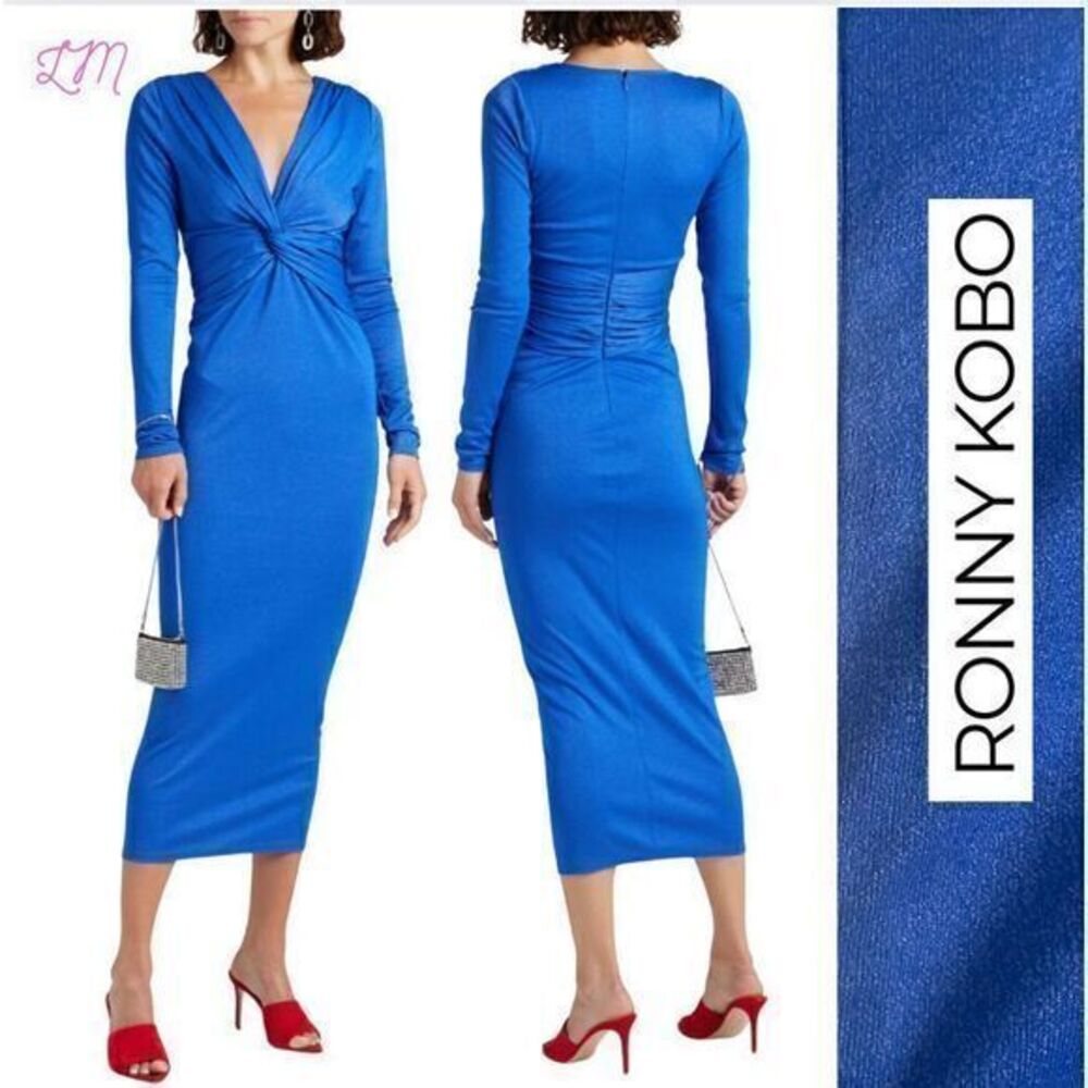 Ronny Kobo Lara Twist Front Metallic Royal Blue‎ Jersey Midi Dress Small